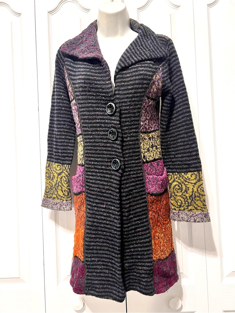 Cuio-Anthropolgie Striped Patchwork Button-Front Cardigan Coat- Small-Warm-Casua